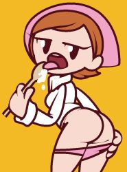 Rule 34 | 1girl, ass, batter, black eyes, breasts, brown hair, collared shirt, cooking mama, cowboy shot, female focus, flat color, from behind, half-closed eyes, hand up, hat, holding, holding spoon, jaggy lines, jitome, leaning forward, licking, long sleeves, looking at viewer, looking back, mama (cooking mama), open mouth, orange background, panties, panty pull, pink hat, pink panties, presenting, pulling own clothes, shirt, short hair, simple background, small breasts, solo, spoon, standing, swept bangs, tongue, tongue out, underwear, vilepluff, white shirt, wooden spoon