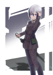 Rule 34 | 1girl, adjusting hair, androgynous, belt, belt pouch, black jacket, black pants, border, breasts, brown belt, closed mouth, collared shirt, commentary, dress shirt, feet out of frame, from side, grey background, grey hair, highres, holding, holding umbrella, jacket, kino (kino no tabi), kino no tabi, kootee-on, looking to the side, outline, outside border, pants, pouch, purple eyes, shadow, shirt, short hair, small breasts, smile, solo, standing, tomboy, umbrella, white border, white outline, white shirt