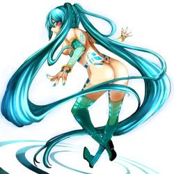Rule 34 | 1girl, absurdly long hair, angel wings, aqua eyes, aqua hair, aqua nails, ass, back, back tattoo, blush, boots, breasts, detached sleeves, eiji (eiji), fingernails, from behind, full body, green footwear, hair between eyes, hatsune miku, leg tattoo, long fingernails, long hair, looking back, medium breasts, mini wings, nail polish, nude, outstretched arms, parted lips, profile, solo, tattoo, thigh boots, thighhighs, twintails, very long hair, vocaloid, white background, wing tattoo, wings