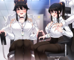 Rule 34 | 1boy, 1girl, akchu, badge, black choker, black hair, black nails, black pantyhose, black skirt, blush, bow, grabbing another&#039;s breast, breasts, button gap, chair, chobi (akchu), choker, collared shirt, covered navel, cubicle, dress shirt, grabbing, grabbing from behind, hair between eyes, hair bow, hands on another&#039;s shoulders, high ponytail, highres, indoors, large breasts, lipstick, long hair, long sleeves, makeup, miniskirt, multiple views, nail polish, office chair, office lady, open mouth, orange eyes, original, pantyhose, pencil skirt, ponytail, shirt, shoulder massage, sitting, skirt, sticky note, sweatdrop, swivel chair, thighband pantyhose, white shirt