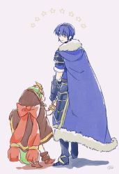 Rule 34 | 1boy, 1girl, bad id, bad twitter id, blue cape, blue eyes, blue hair, bracelet, cape, cloak, closed eyes, closed mouth, fire emblem, fire emblem: mystery of the emblem, fire emblem heroes, from behind, from side, fur trim, gauntlets, green hair, hood, jewelry, long hair, looking to the side, marth (fire emblem), murabito ba, nintendo, open mouth, short hair, short sleeves, simple background, smile, standing, star (symbol), tiara, tiki (fire emblem), tiki (young) (fire emblem)