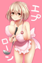 Rule 34 | 1girl, apron, azur lane, between breasts, blonde hair, blush, bouncing breasts, breasts, brown eyes, covered erect nipples, cowboy shot, hair between eyes, highres, hip focus, holding, holding ladle, ladle, large breasts, leaning forward, looking at viewer, naked apron, osisio, pink apron, pink background, roon (azur lane), short hair, smile, solo