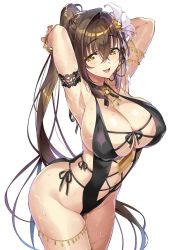 Rule 34 | 1girl, :d, alternate costume, apron, armlet, armpits, arms behind head, ass, bad id, bad twitter id, bangle, beach, bell, black choker, black one-piece swimsuit, blush, bracelet, braid, breasts, brown eyes, brown hair, choker, cleavage, closed mouth, cloud, collarbone, commentary, commentary request, covered erect nipples, cowboy shot, crossed bangs, flower, full body, groin, hair between eyes, hair flower, hair ornament, half-closed eyes, highres, huge breasts, jewelry, jingle bell, kanpani girls, leaning forward, legs together, long hair, looking at viewer, mole, mole under eye, neck bell, necklace, one-piece swimsuit, open mouth, panties, ponytail, sand, see-through, senri gan, shirayuri sakura, sidelocks, simple background, single braid, skindentation, smile, solo, sparkle, standing, swimsuit, tareme, thigh strap, thighs, underwear, very long hair, wet, white background