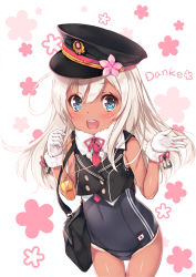 Rule 34 | 10s, 1girl, :d, anchor, bag, blonde hair, blue eyes, blush, covered navel, flower, fur trim, gloves, hair ornament, handbag, hat, hat flower, highres, kantai collection, long hair, looking at viewer, mayusaki yuu, necktie, open mouth, peaked cap, red necktie, ro-500 (kancolle), school swimsuit, smile, solo, swimsuit, swimsuit under clothes, tan, tanline, vest, whistle, white gloves