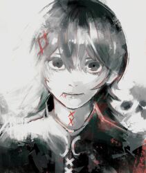 Rule 34 | 1boy, black eyes, black hair, facial mark, facing viewer, greyscale, hair ornament, highres, long hair, looking at viewer, military uniform, monochrome, simple background, stitched mouth, stitched neck, stitches, suzuya juuzou, tokyo ghoul, tokyo ghoul:re, uniform, white background, xa8uofivf2mcart