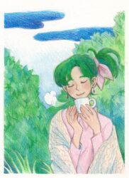 Rule 34 | 1girl, :3, absurdres, blowing, blush, cable knit, closed eyes, closed mouth, colored pencil (medium), cup, earrings, grass, green hair, hair ribbon, hatsuseno alpha, highres, holding, holding cup, jewelry, outdoors, pink shirt, ponytail, ribbon, shirt, sky, traditional media, upper body, whipcreamtea, yokohama kaidashi kikou