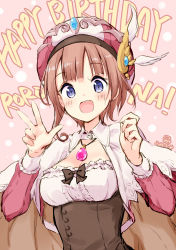 Rule 34 | 1girl, :d, atelier (series), atelier rorona, bad id, bad pixiv id, black bow, blue eyes, bow, breasts, brown hair, capelet, character name, commentary request, english text, happy birthday, hat, highres, jewelry, long sleeves, looking at viewer, medium breasts, minidraco, open mouth, pendant, pink background, polka dot, polka dot background, rororina fryxell, sketch, smile, solo, w