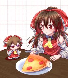 Rule 34 | 1girl, absurdres, ascot, bow, brown eyes, brown hair, closed mouth, commentary, detached sleeves, doll, food, fumo (doll), grid background, hair bow, hair tubes, hakurei reimu, highres, long hair, pizza, plate, ponytail, red bow, sidelocks, sitting, solo, star shin, table, touhou, white background, yellow ascot