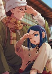 Rule 34 | 1boy, 1girl, asirpa, blue eyes, blue hair, blurry, blurry background, brown eyes, brown hair, closed mouth, earrings, golden kamuy, hat, highres, hoop earrings, jewelry, long sleeves, looking ahead, mgmgmg aw8nf, one eye closed, open mouth, scarf, short hair, sugimoto saichi, white headwear, wide sleeves, yellow scarf