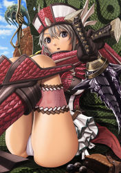 Rule 34 | 1girl, :o, against wall, armor, ass, belt, blue eyes, blush, boots, capcom, cloud, day, dual wielding, embarrassed, gloves, hat, holding, knee boots, legs up, looking at viewer, md5 mismatch, monster hunter, monster hunter (series), monster hunter frontier, outdoors, panties, pantyshot, pleated skirt, pouch, purple eyes, red legwear, resolution mismatch, rioduo (armor), rock, scales, short hair, silver hair, sitting, skirt, sky, solo, source larger, surprised, sword, thigh strap, underwear, upskirt, v-mag, weapon, white panties