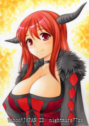 Rule 34 | 10s, 1girl, argyle, artist name, breasts, choker, cleavage, dress, fake horns, fur trim, horns, large breasts, long hair, maou (maoyuu), maoyuu maou yuusha, nightmare77zx, red eyes, red hair, ribbon, smile, solo, traditional media