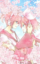 Rule 34 | 1boy, 1girl, alternate color, alternate hair color, bare shoulders, blonde hair, blue eyes, blue sky, blush, bow, branch, brother and sister, cherry blossoms, cloud, detached sleeves, face-to-face, flower, haine koko, hair flower, hair ornament, hairclip, happy, headset, heart, holding, holding petal, kagamine len, kagamine rin, necktie, petals, pink bow, pink hair, pink neckwear, sailor collar, sakura len, sakura rin, siblings, sketch, sky, smile, twins, vocaloid