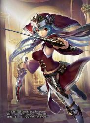 Rule 34 | 1girl, belt pouch, blue hair, breasts, camisole, cardfight!! vanguard, character request, detached sleeves, dual wielding, foreshortening, from side, habit, holding, holding sword, holding weapon, large breasts, leg up, long hair, long sleeves, looking at viewer, looking to the side, momose hisashi, nun, pouch, red eyes, solo, sword, thighhighs, weapon, white thighhighs, wide sleeves