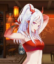 Rule 34 | 1girl, :p, arknights, armpits, arms up, bandeau, bare arms, bare shoulders, blurry, blurry background, braid, breasts, commentary request, half updo, hands in hair, highres, horns, indoors, long hair, looking at viewer, midriff, navel, nian (arknights), pointy ears, purple eyes, sidelocks, silver hair, small breasts, smile, solo, stomach, strapless, tongue, tongue out, tube top, twin braids, upper body, zhibai