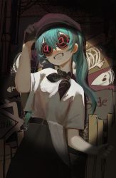 Rule 34 | 1girl, absurdres, aqua hair, belt, belt buckle, black belt, black neckerchief, breasts, brown hat, brown skirt, buckle, clenched teeth, commentary, cowboy shot, english commentary, fish skeleton, flipped hair, glasses, grin, hair between eyes, hand on headwear, hat, hatsune miku, highres, long hair, long skirt, neckerchief, open mouth, round eyewear, shirt, short sleeves, sidelocks, skirt, small breasts, smile, solo, teeth, topdylan, twintails, untucked shirt, vocaloid, white shirt