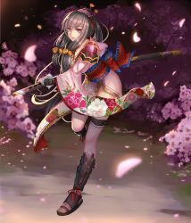 Rule 34 | 1girl, armor, bell, black hair, breasts, cherry blossoms, cleavage, closed mouth, floral print, flower, full body, hair bell, hair flower, hair ornament, hair ribbon, highres, holding, holding sword, holding weapon, incoming attack, japanese armor, japanese clothes, katana, kimono, large breasts, leaning forward, long hair, long sleeves, looking at viewer, luoxuan jingjie xian, mole, mole under eye, musyne xsk, obi, official art, original, outdoors, pink eyes, ponytail, red ribbon, ribbon, sandals, sash, shin guards, sidelocks, smile, solo, sword, thighhighs, very long hair, weapon, white thighhighs, wide sleeves