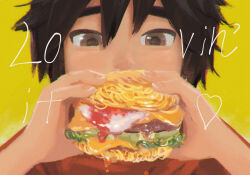 Rule 34 | 1boy, big hero 6, black hair, brown eyes, burger, child, colored pencil (medium), commentary request, covered mouth, food, heart, hiro hamada, holding, holding food, male focus, red shirt, shiogochi, shirt, simple background, solo, traditional media, yellow background
