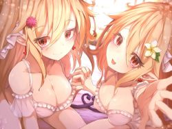 Rule 34 | 2girls, :d, bare shoulders, blonde hair, blush, breasts, collarbone, demon girl, demon tail, earrings, facial mark, flower, frills, hair between eyes, hair flower, hair ornament, heart tail duo, holding hands, jewelry, long hair, looking at viewer, medium breasts, multiple girls, on bed, open mouth, original, pajamas, pointy ears, rai (sakuranbo sugar), reaching, reaching towards viewer, red eyes, ribbon, sidelocks, smile, tail, thighs