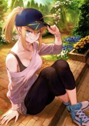 Rule 34 | 1girl, absurdres, adjusting clothes, adjusting headwear, ahoge, arm support, artoria pendragon (fate), baseball cap, blonde hair, blue eyes, breasts, collarbone, colored eyelashes, fate/grand order, fate (series), flower, full body, hat, highres, long hair, long sleeves, looking at viewer, mashuu (neko no oyashiro), medium breasts, mysterious heroine x (fate), mysterious heroine xx (fate), pants, ponytail, scan, sidelocks, simple background, sitting, smile, solo, sports bra, tulip, watch, wristwatch, yellow flower, yellow tulip