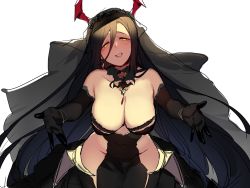 Rule 34 | 1girl, :d, azur lane, bare shoulders, black gloves, black hair, black veil, black wedding dress, blush, breasts, bridal veil, cape, cleavage, collarbone, commentary request, covered navel, cowboy shot, detached collar, dress, elbow gloves, eyebrows hidden by hair, fake horns, friedrich der grosse (azur lane), friedrich der grosse (zeremonie of the cradle) (azur lane), gloves, hair between eyes, half-closed eyes, highres, horns, jewelry, korean commentary, large breasts, long hair, looking at viewer, mechanical horns, mendou kusai, necklace, open mouth, outstretched arms, pelvic curtain, red horns, sidelocks, simple background, sketch, smile, solo, standing, teeth, upper teeth only, veil, very long hair, wedding dress, white background, yellow eyes