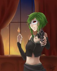 Rule 34 | 10s, 1girl, 2014, absurdres, aiming, aiming at viewer, artist name, braid, clenched teeth, crop top, curtains, detached collar, detached sleeves, domino mask, fire, green hair, gumi, gun, handgun, highres, maneodra, mask, matches, nemesis no juukou (vocaloid), red eyes, revolver, shorts, side braid, signature, teeth, vocaloid, weapon, window