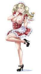 Rule 34 | 1girl, albyee, alternate costume, apron, bare legs, black footwear, blonde hair, blue eyes, bow, bowtie, breasts, breasts out, buttons, collarbone, commentary, commission, cupcake, detached collar, double-breasted, dress, english commentary, finger in own mouth, food, food on body, food on breasts, food on face, frilled dress, frilled sleeves, frills, hairband, hands up, high heels, holding, icing, large breasts, legs, licking, licking finger, looking at viewer, maid, maid apron, maid headdress, nipples, one eye closed, parted lips, persona, persona 5, plaid, plaid dress, platform footwear, red bow, red bowtie, red dress, red hairband, shadow, shiny skin, short dress, short sleeves, signature, simple background, sleeve cuffs, solo, standing, standing on one leg, strappy heels, swept bangs, takamaki anne, thighs, twintails, waitress, white apron, white background
