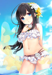 1girl ahoge aoto_neko arms_behind_back bare_shoulders bikini blue_eyes cloud commentary_request day female_focus flower frilled_bikini frills hair_flower hair_ornament long_hair looking_at_viewer original partially_submerged ruffle_bikini sky solo swimsuit water