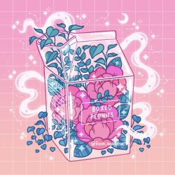Rule 34 | constellation, crescent moon, emily kim, english text, flower, gradient background, highres, leaf, milk carton, moon, no humans, nutrition facts, original, peony (flower), pink flower, pink theme, simple background, sparkle, twitter username