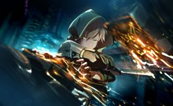 Rule 34 | 1boy, brown hair, city lights, fire, glowing, glowing eyes, highres, hood, hood up, motion blur, official art, project sekai, shinonome akito, solo, sparks, yellow eyes