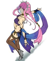 Rule 34 | 1girl, alternate costume, alternate hairstyle, aono shimo, arabian clothes, ass, bad id, bad twitter id, bare shoulders, bikini, blunt bangs, bracelet, braid, breasts, butt crack, choker, cleavage, crop top, dancer, fate/grand order, fate (series), female focus, flat color, full body, harem outfit, high heels, highres, jewelry, long hair, looking at viewer, medb (fate), midriff, necklace, pink hair, purple bikini, ring, see-through, sidelocks, single braid, smile, solo, starry sky print, swimsuit, thighhighs, tiara, veil, very long hair, white background