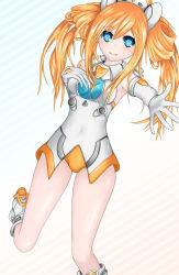Rule 34 | 1girl, bare shoulders, blue eyes, boots, breasts, covered navel, elbow gloves, gloves, hair ornament, leotard, long hair, looking at viewer, medium breasts, neptune (series), open mouth, orange hair, orange heart (neptunia), smile, solo, symbol-shaped pupils, tennouboshi uzume, twintails