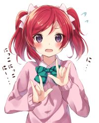 Rule 34 | 1girl, blush, bow, cardigan, cosplay, double m/, flying sweatdrops, hair bow, highres, looking at viewer, love live!, love live! school idol project, m/, nico nico nii, nishikino maki, nonono (nononotea), open mouth, purple eyes, red hair, short hair, simple background, solo, twintails, upper body, white background, yazawa nico, yazawa nico (cosplay)