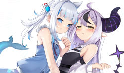 Rule 34 | 2girls, animal ears, armpit crease, bare shoulders, blue eyes, blunt bangs, blush, cat ears, closed mouth, detached sleeves, dress, fins, fish tail, gawr gura, gawr gura (casual), highres, hololive, hololive english, horns, la+ darknesss, light purple hair, looking at viewer, multicolored hair, multiple girls, open mouth, paw pose, pinafore dress, pointy ears, shark tail, sidelocks, sleeveless, sleeveless dress, smile, somray, streaked hair, striped horns, tail, two side up, upper body, virtual youtuber, yellow eyes