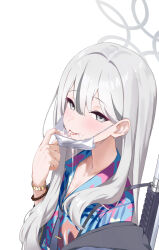 1girl :p absurdres black_necktie blue_archive blue_shirt collarbone cum facial grey_eyes grey_hair grey_halo gun hair_between_eyes halo highres konoka_(blue_archive) long_hair looking_at_viewer mask mouth_mask necktie print_shirt shionji_ax shirt simple_background tongue tongue_out upper_body weapon white_background white_mask yellow_bracelet