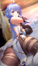 Rule 34 | 1girl, ahoge, ass, bare shoulders, bed sheet, black gloves, blue hair, blush, bodystocking, breasts, brown leotard, brown pantyhose, detached sleeves, fouriasensei, ganyu (genshin impact), genshin impact, gloves, gold trim, hair ribbon, highres, horns, large breasts, leotard, leotard under clothes, long hair, looking at viewer, looking back, low ponytail, lying, on bed, on stomach, pantyhose, pillow, purple eyes, ribbon, smile, solo