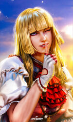 1girl blonde_hair blue_eyes breasts emilie_de_rochefort fingerless_gloves gloves lips long_hair looking_at_viewer one_eye_closed short_sleeves st3doom sunset tekken tekken_8 upper_body