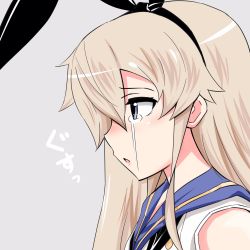 Rule 34 | 1girl, animal ears, blonde hair, blue eyes, rabbit ears, commentary request, crying, crying with eyes open, fake animal ears, from side, hair between eyes, hairband, highres, inoue kousei, kantai collection, long hair, open mouth, sailor collar, shimakaze (kancolle), shirt, sidelocks, sleeveless, sleeveless shirt, solo, tan background, tears, translation request, upper body