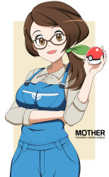 Rule 34 | 1girl, :d, brown eyes, brown hair, creatures (company), denim, english text, galar mother, game freak, glasses, highres, jeans, looking at viewer, mature female, mother (pokemon), nintendo, open mouth, pants, pokemon, pokemon swsh, ponytail, side ponytail, simple background, smile, vivivoovoo