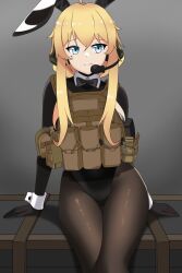 Rule 34 | 1girl, absurdres, animal ears, black bow, black bowtie, black gloves, black leotard, black pantyhose, blonde hair, bow, bowtie, breasts, closed mouth, fake animal ears, gloves, hair between eyes, headset, highres, indie virtual youtuber, large breasts, leotard, long hair, military, msa major, pantyhose, playboy bunny, rabbit ears, sidelocks, sitting, smile, solo, virtual youtuber, whiskey project, wrist cuffs