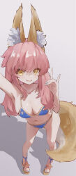 Rule 34 | 1girl, absurdres, animal ear fluff, animal ears, bikini, blue bikini, blue nails, breasts, cleavage, commentary, fang, fate/grand order, fate (series), fingernails, foreshortening, fox ears, fox girl, fox shadow puppet, fox tail, from above, full body, highres, long hair, looking at viewer, medium breasts, nail polish, navel, open mouth, outstretched arm, pink hair, reaching, reaching towards viewer, sandals, selfie, simple background, solo, swimsuit, tail, tamamo (fate), tamamo no mae (fate/extra), tamamo no mae (swimsuit lancer) (fate), toenail polish, toenails, white background, xsan, yellow eyes