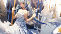 Rule 34 | 1girl, :d, bare arms, bare shoulders, blue eyes, blue hair, carousel, collarbone, crescent, dress, eyebrows hidden by hair, flower, glowing, hands up, hatsune miku, highres, holding, holding wand, horse, horseback riding, indoors, ji dao ji, long hair, night, night sky, open mouth, riding, rose, sidelocks, sky, smile, solo, star (symbol), strapless, strapless dress, teeth, textless version, twintails, upper teeth only, very long hair, vocaloid, wand, white dress, white flower, white rose