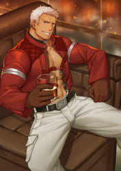Rule 34 | 1boy, abs, bara, bare pectorals, belt, chrisanother, cup, drinking, feet out of frame, heart collar, highres, holding, holding cup, jacket, male focus, mature male, muscular, muscular male, nanakase yashiro, pants, pectorals, short hair, sitting, smirk, solo, spread legs, the king of fighters, the king of fighters xv, white hair, white pants