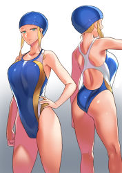 Rule 34 | 1girl, artoria pendragon (fate), artoria pendragon (lancer) (fate), ass, back, bare shoulders, blonde hair, blue one-piece swimsuit, breasts, collarbone, commission, competition swimsuit, fate/grand order, fate (series), green eyes, hair between eyes, hamushima, highleg, highleg swimsuit, large breasts, long hair, looking at viewer, multiple views, one-piece swimsuit, pixiv commission, sidelocks, swim cap, swimsuit, thighs