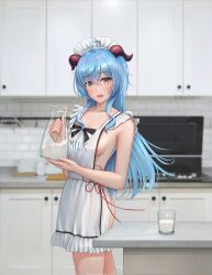Rule 34 | 1girl, :d, absurdres, ahoge, apron, blue hair, blurry, blurry background, blush, breasts, cup, drinking glass, frilled apron, frills, ganyu (genshin impact), genshin impact, goat horns, hair between eyes, highres, holding pitcher, horns, indoors, kitchen, long hair, maid headdress, medium breasts, milk, naked apron, open mouth, sideboob, sidelocks, smile, solo, stove, white apron, yellow eyes, yuyuyu (pixiv19949705)