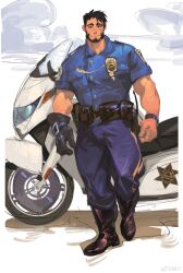 Rule 34 | 1boy, absurdres, bara, beard, boots, dichuan (arriverw), facial hair, full body, highres, large pectorals, looking at viewer, male focus, mature male, motor vehicle, motorcycle, muscular, muscular male, original, pectorals, police, police badge, police uniform, policeman, sanpaku, scar, scar across eye, short hair, solo, thick eyebrows, uniform, walking