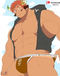 Rule 34 | 1boy, abs, animal ears, bara, blush, brown eyes, brown hair, brown male swimwear, bulge, cow boy, cow ears, cow horns, dark-skinned male, dark skin, eye black, facial hair, feet out of frame, fiery horns, forked eyebrows, from below, glowing horns, goatee, head tilt, highres, hood, hooded jacket, horns, huge pectorals, jacket, large pectorals, leoandaslan (leobongnana), looking at viewer, male focus, male swimwear, male swimwear pull, mature male, muscular, muscular male, navel, navel hair, nipples, open clothes, open jacket, paid reward available, pectorals, presenting tanlines, pulled by self, rugby ball print, short hair, sideburns, sleeveless, sleeveless jacket, smile, solo, sparse navel hair, spiked hair, stomach, strongman waist, tanline peek, thick eyebrows, thick thighs, thighs, tokyo houkago summoners, topless male, unfinished, wakan tanka