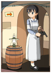 Rule 34 | 1girl, absurdres, apron, armband, barrel, black eyes, black hair, commentary request, ennui orz, flare gun, full body, gun, highres, holding, holding gun, holding weapon, industrial pipe, lantern, original, ponytail, reloading, solo, weapon, white apron