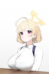 Rule 34 | 1girl, ahoge, blonde hair, blue archive, blush, bra visible through clothes, braid, breasts, button gap, cok ia, collared shirt, commentary, gradient background, grey background, halo, highres, kotori (blue archive), large breasts, long sleeves, looking at viewer, red eyes, shirt, short hair, solo, triangle halo, upper body, white shirt, yellow halo