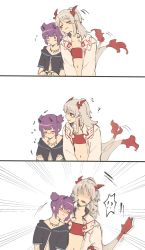 Rule 34 | 2girls, ?, arknights, bandeau, black shirt, blouse, blush, braid, cuddling, demon horns, flame-tipped tail, head bump, highres, horns, jewelry, lava (arknights), mabing, multiple girls, necklace, nian (arknights), pointy ears, purple hair, red bandeau, shirt, smile, tail, tail wagging, tooth necklace, white hair, yuri