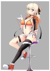 Rule 34 | ahoge, bikini, black choker, black ribbon, black thighhighs, blonde hair, blue eyes, blush, border, breasts, cevio, choker, cleavage, closed mouth, earrings, front-tie bikini top, front-tie top, full body, gloves, gradient hair, grey background, hair ribbon, highres, jewelry, large breasts, long hair, long sleeves, looking at viewer, multicolored hair, navel, one (cevio), open fly, orange bikini, orange footwear, orange hair, outside border, ponytail, ribbon, shoes, short shorts, shorts, simple background, single thighhigh, sitting, skindentation, sneakers, stool, striped bikini, striped clothes, swimsuit, thigh strap, thighhighs, vertical-striped bikini, vertical-striped clothes, white border, white gloves, white shorts, zooanime